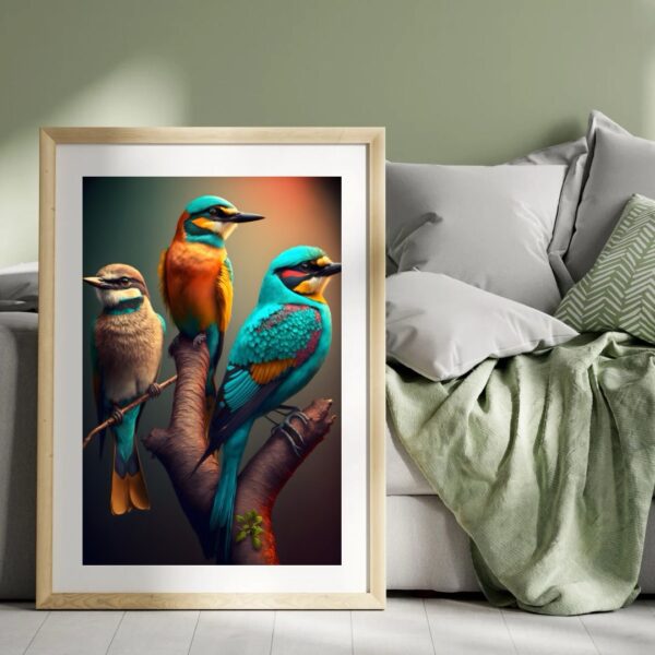 Quadro Decorativo “Companheiros no Galho” – Três Pássaros em Harmonia